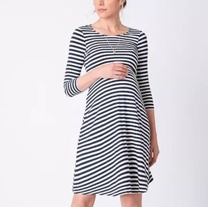 Seraphine Navy and White Striped 3/4 Sleeve Maternity and Nursing Dress